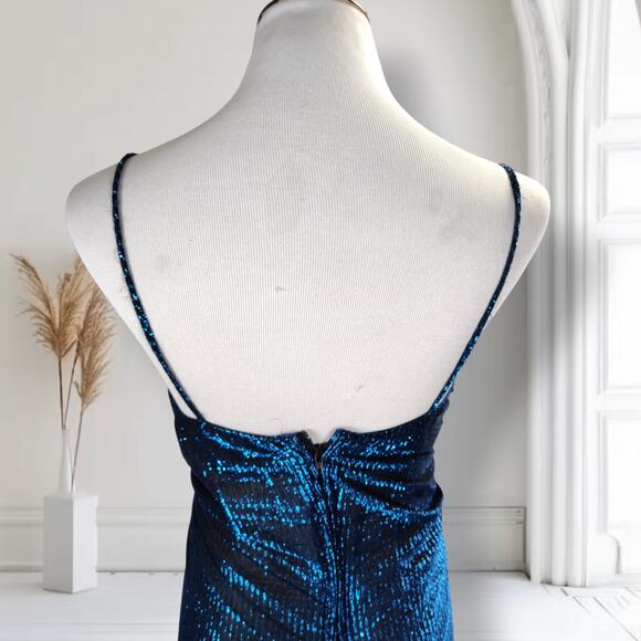 Vintage 80s Blue Metallic Pleated Ruched Disco Midi Dress Spaghetti Size S - Picture 8 of 16